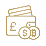 Gold wallet icon with currency symbols for secure and fast casino payment options