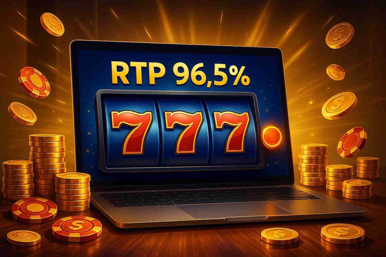 Vibrant digital illustration of an online slot game on a laptop screen displaying 'RTP 96.5%' and triple sevens, surrounded by flying gold coins and colorful poker chips, with a bright golden background emphasizing high returns and winning potential in online slots.