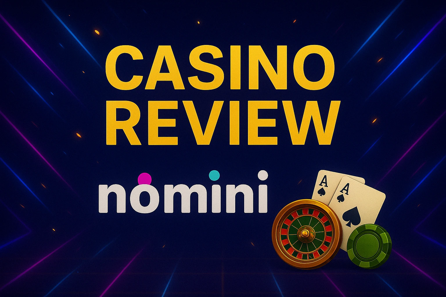 Nomini Casino Review banner with bold neon casino theme, roulette wheel, poker chips, and playing cards on a dark blue background