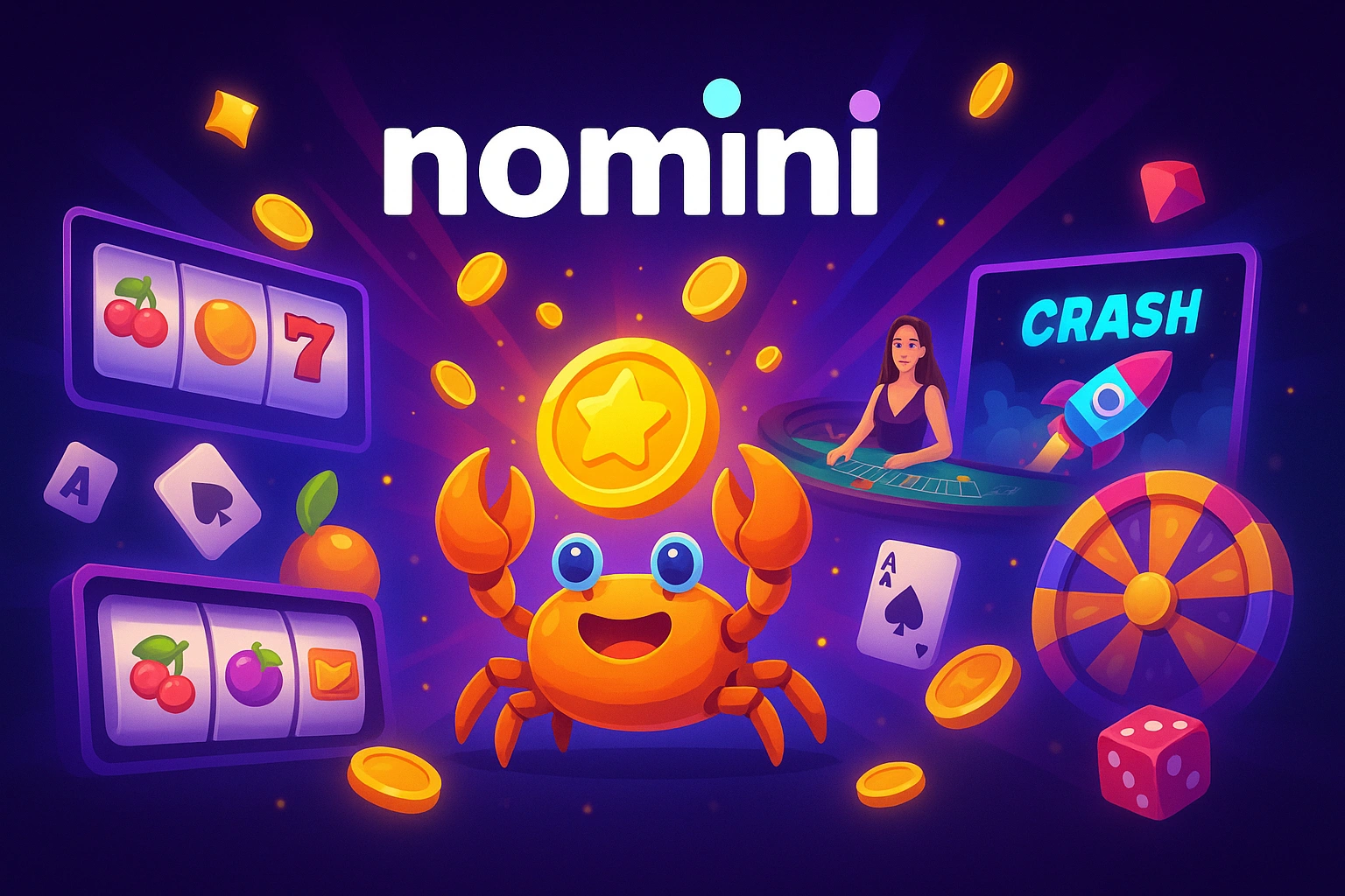 Vibrant Nomini Casino image showcasing diverse games like slots, crash games, and live dealer, featuring the Nomini logo and playful bonus crab character.